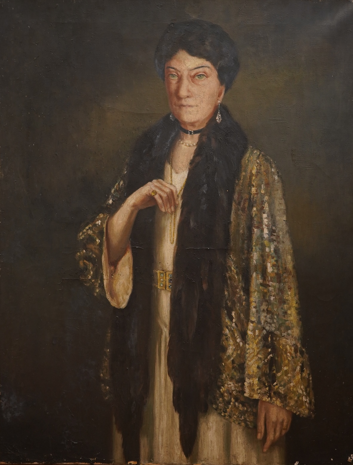 Art Deco, English School, Three-quarter length portrait of a society lady, oil on canvas, 91 x 71cm, unframed